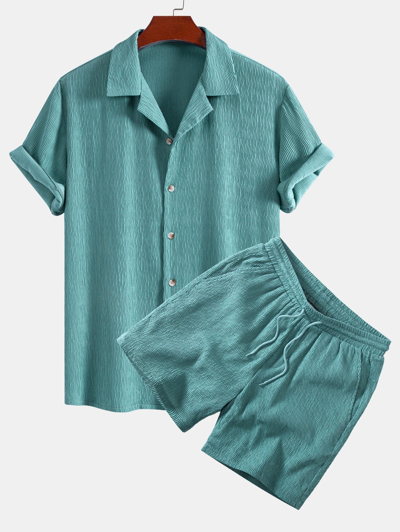 Texturiertes Seersucker Kurzarmhemd & Drawstring 6“ Shorts Set