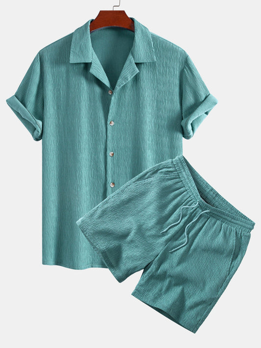 Texturiertes Seersucker Kurzarmhemd & Drawstring 6“ Shorts Set