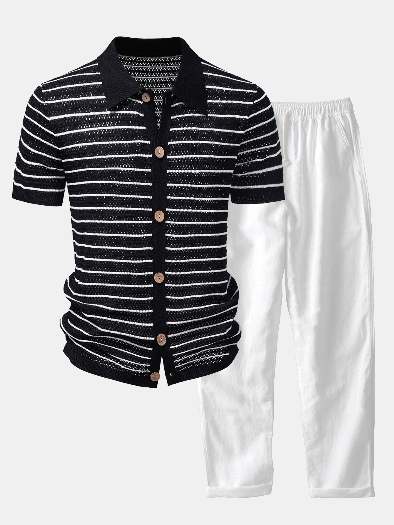 Gestreiftes Offenes Strickshirt & Gerade Bein Leinenhose