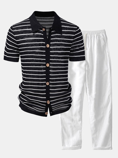Gestreiftes Offenes Strickshirt & Gerade Bein Leinenhose