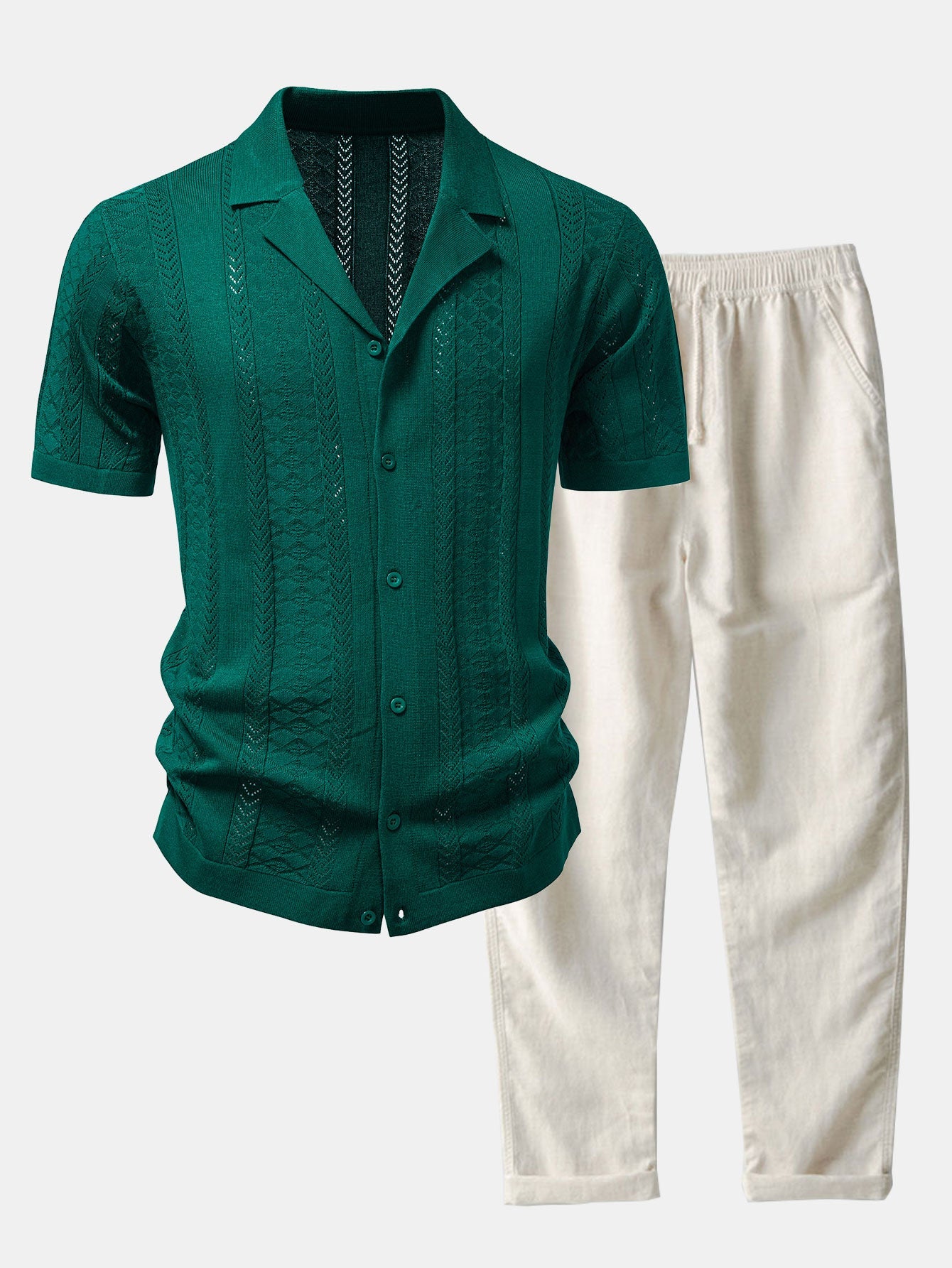 Texturiertes Jacquard Offenes Strickhemd & Gerade Beinform Leinenhose