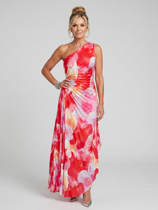 Taya | Ein Schulter Faltenrock Midi Kleid