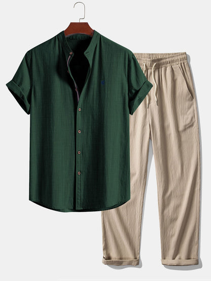 Kurzarm-Leinenlook-Hemd mit Stehkragen & crinkle-texturierten geraden Hosen