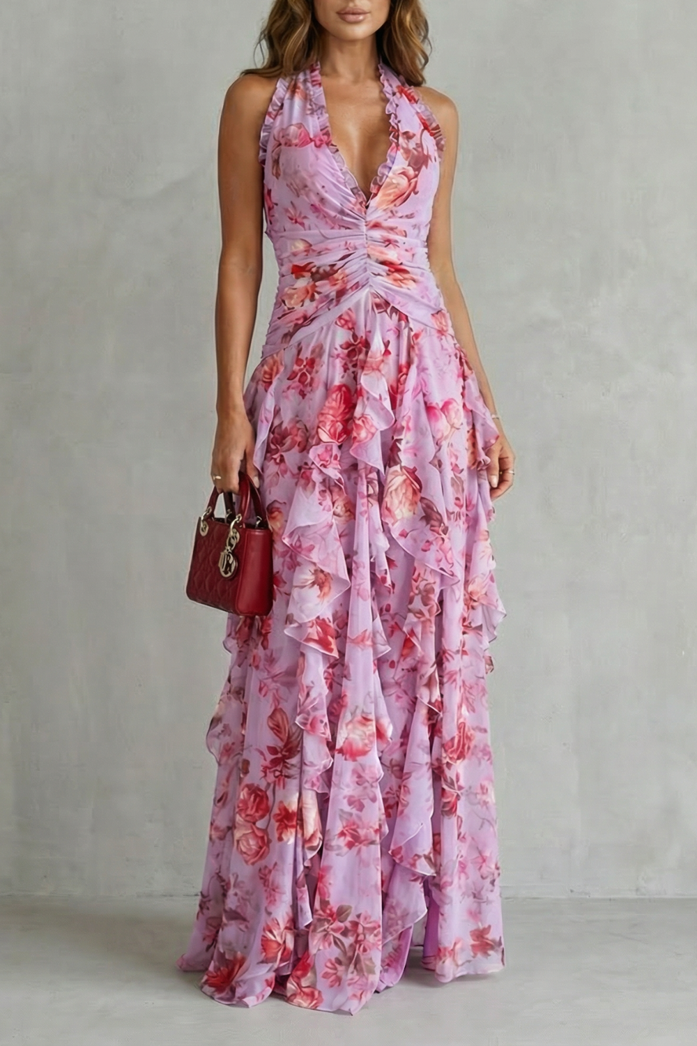 Belladina | Romantische Rosen-Cascata Lange Kleid mit Amerikanischem Ausschnitt