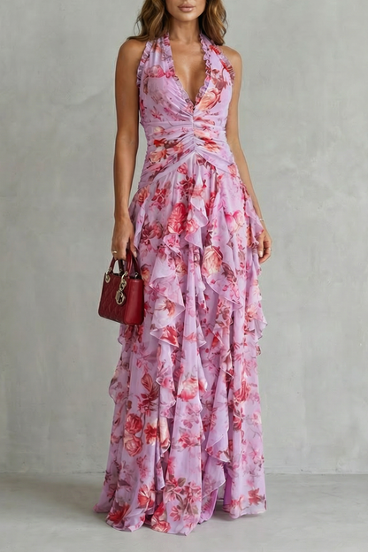 Belladina | Romantische Rosen-Cascata Lange Kleid mit Amerikanischem Ausschnitt