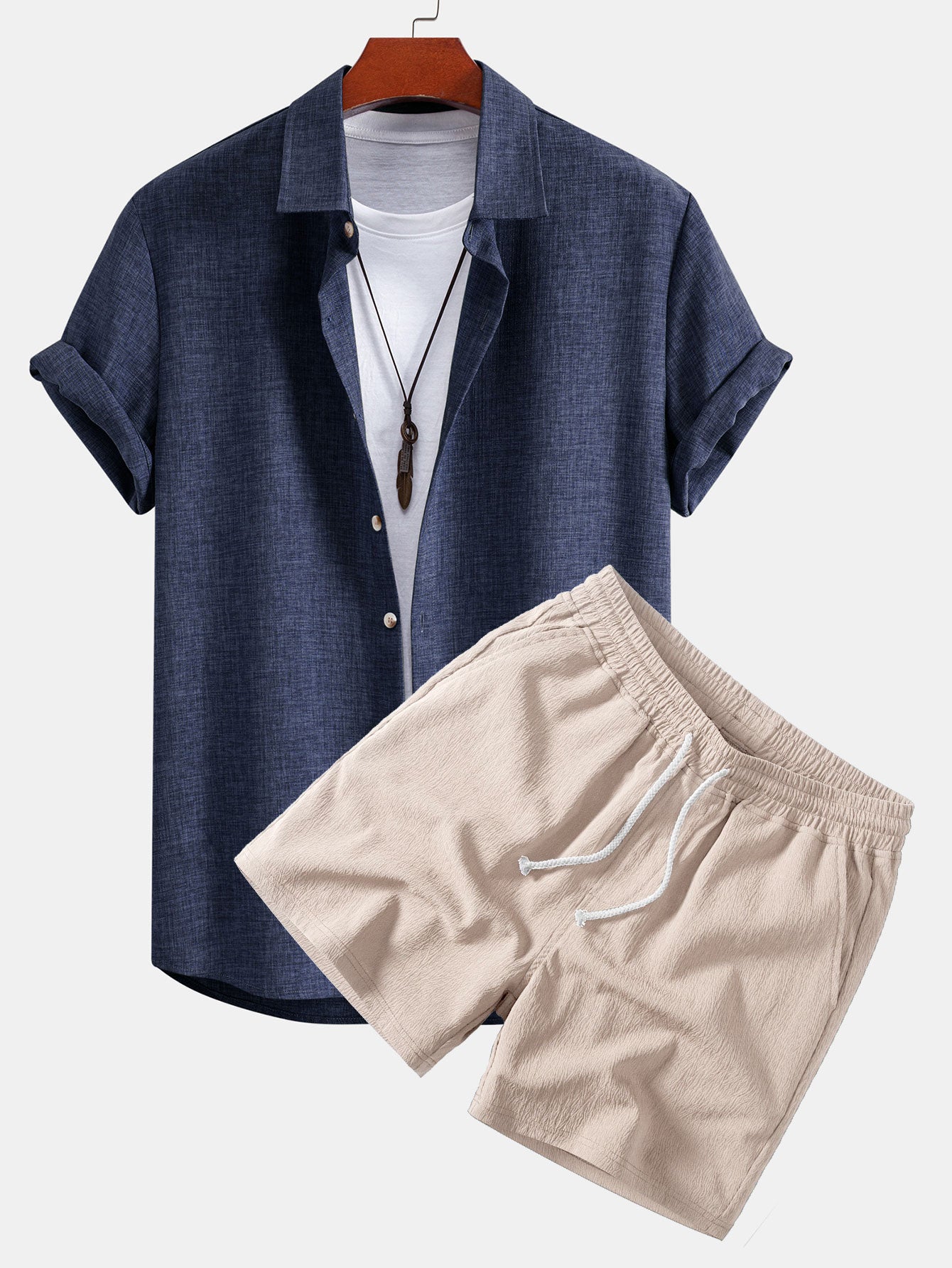 Leinenlook Hemd mit Knöpfen & crinkle-texturierte 5" Shorts mit Kordelzug