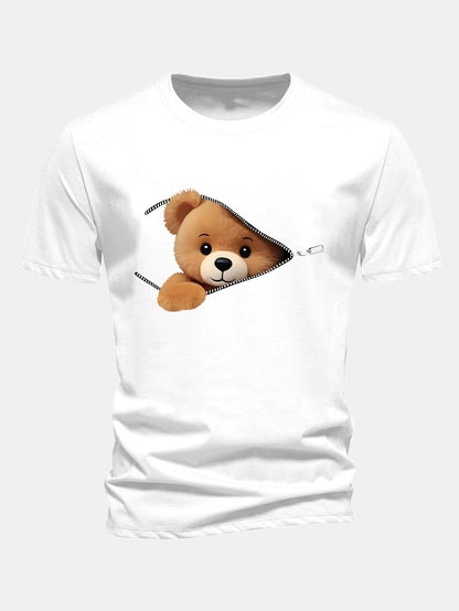 Reguläre Passform Reißverschluss Bären Druck Baumwoll T-Shirt