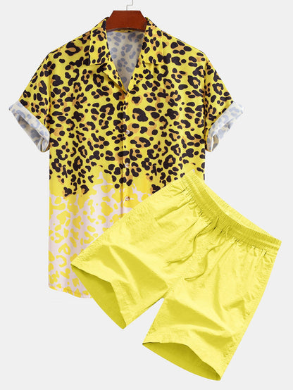 Leopardenmuster Hemd mit Knopfleiste & Bade Shorts