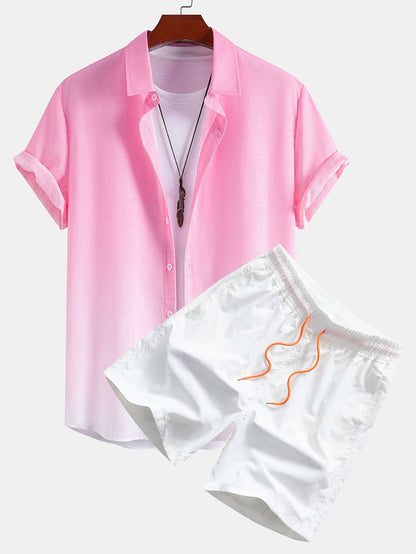 Gradient Leinen-Look Hemd & Schwimmshorts