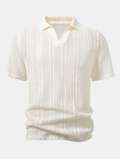 Relaxed Fit Gestreiftes Offenes Strick-Polo & Gerade geschnittene Leinenhose