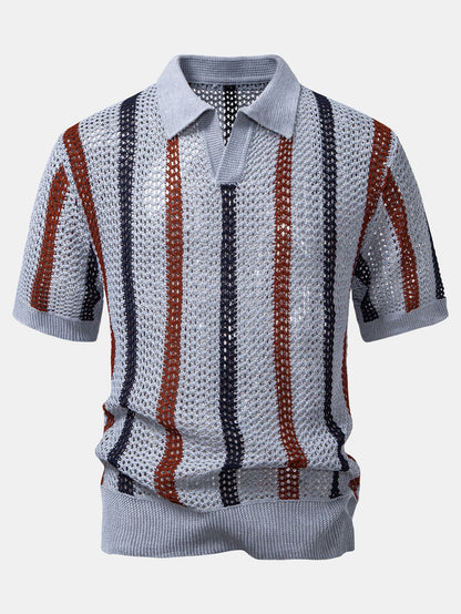Gestreiftes Häkel V-Ausschnitt Polo