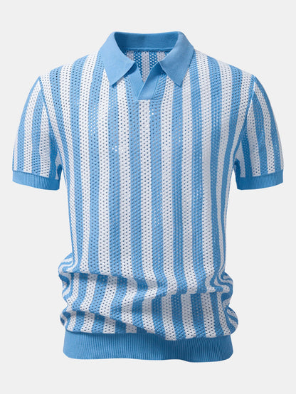 Streifen Johnny Kragen Offenes Strick Polo & Gerade Beinform Leinenhose