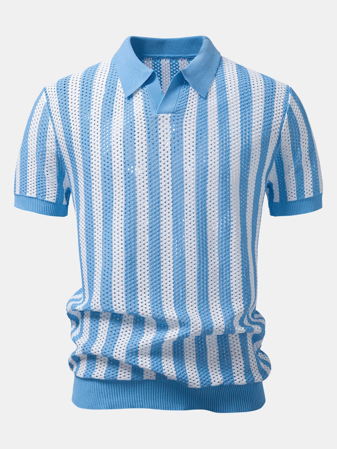 Streifen Johnny Kragen Offenes Strick Polo & Gerade Beinform Leinenhose