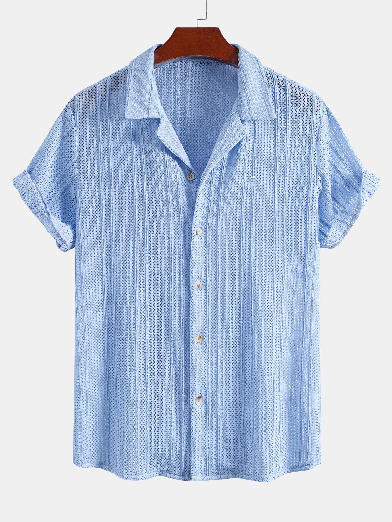 Offenes Stricktexturiertes Shirt mit Kubanischem Kragen & Knittertexturierte 5"-Shorts