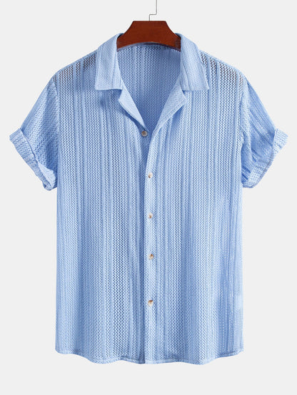 Offenes Stricktexturiertes Shirt mit Kubanischem Kragen & Knittertexturierte 5"-Shorts
