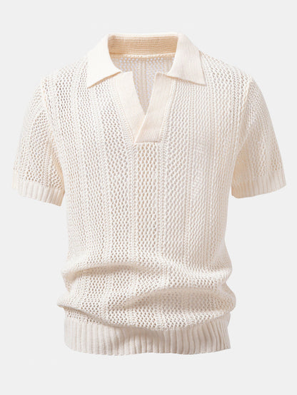 Relaxed Fit Häkel V-Ausschnitt Strick Polo & Gerade Bein Leinenhose