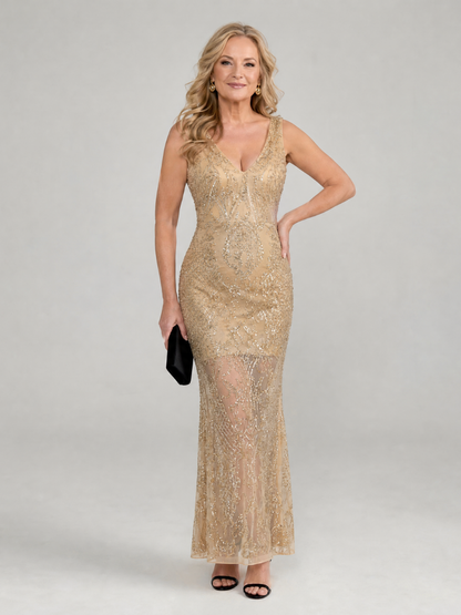 Sirea | Pailletten ärmelloses, transparentes Midi-Kleid