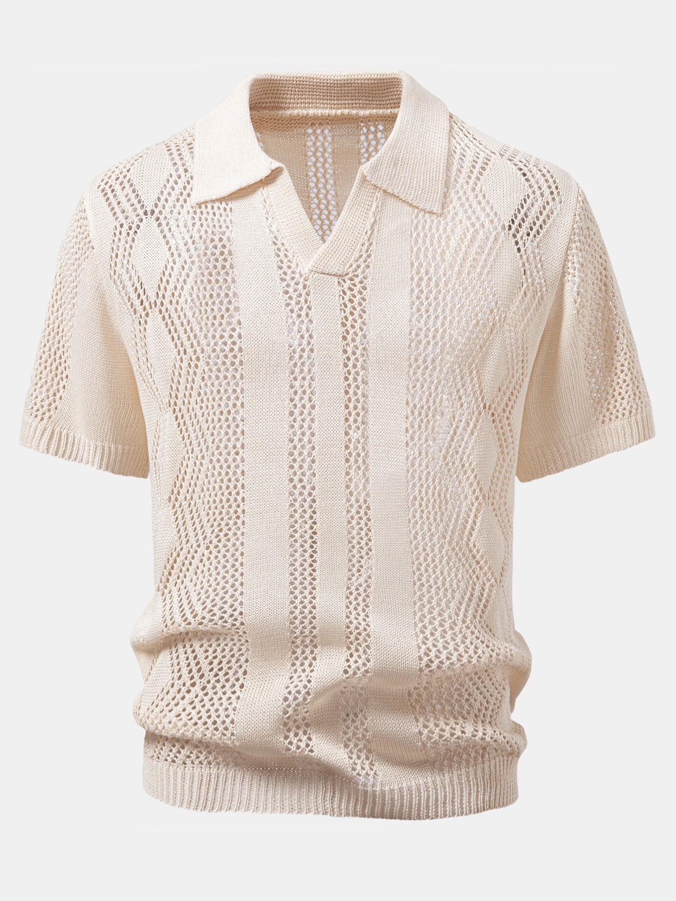 Relaxed Fit Geometrie Häkel V-Ausschnitt Strick Polo & Gerade Beinform Leinenhose