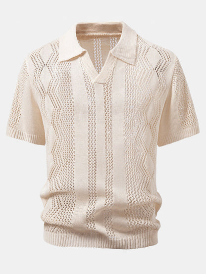 Relaxed Fit Geometrie Häkel V-Ausschnitt Strick Polo & Gerade Beinform Leinenhose