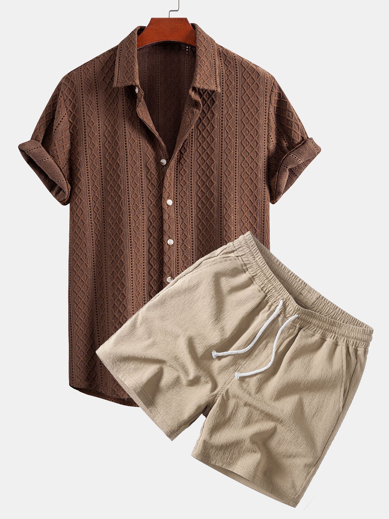 Geometrisches Rhombus-Jacquard Hemd mit Knopfleiste & Crinkle-texturierten 5" Shorts