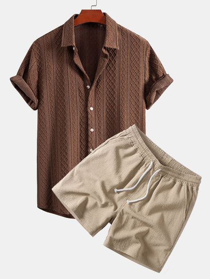 Geometrisches Rhombus-Jacquard Hemd mit Knopfleiste & Crinkle-texturierten 5" Shorts