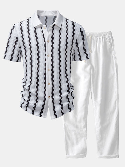 Kariertes Jacquard Hemd mit Knöpfen & Gerade geschnittene Leinenhose