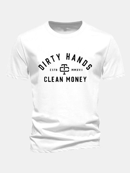 Regulär Passform Dirty Hands Clean Money Druck Baumwoll-T-Shirt