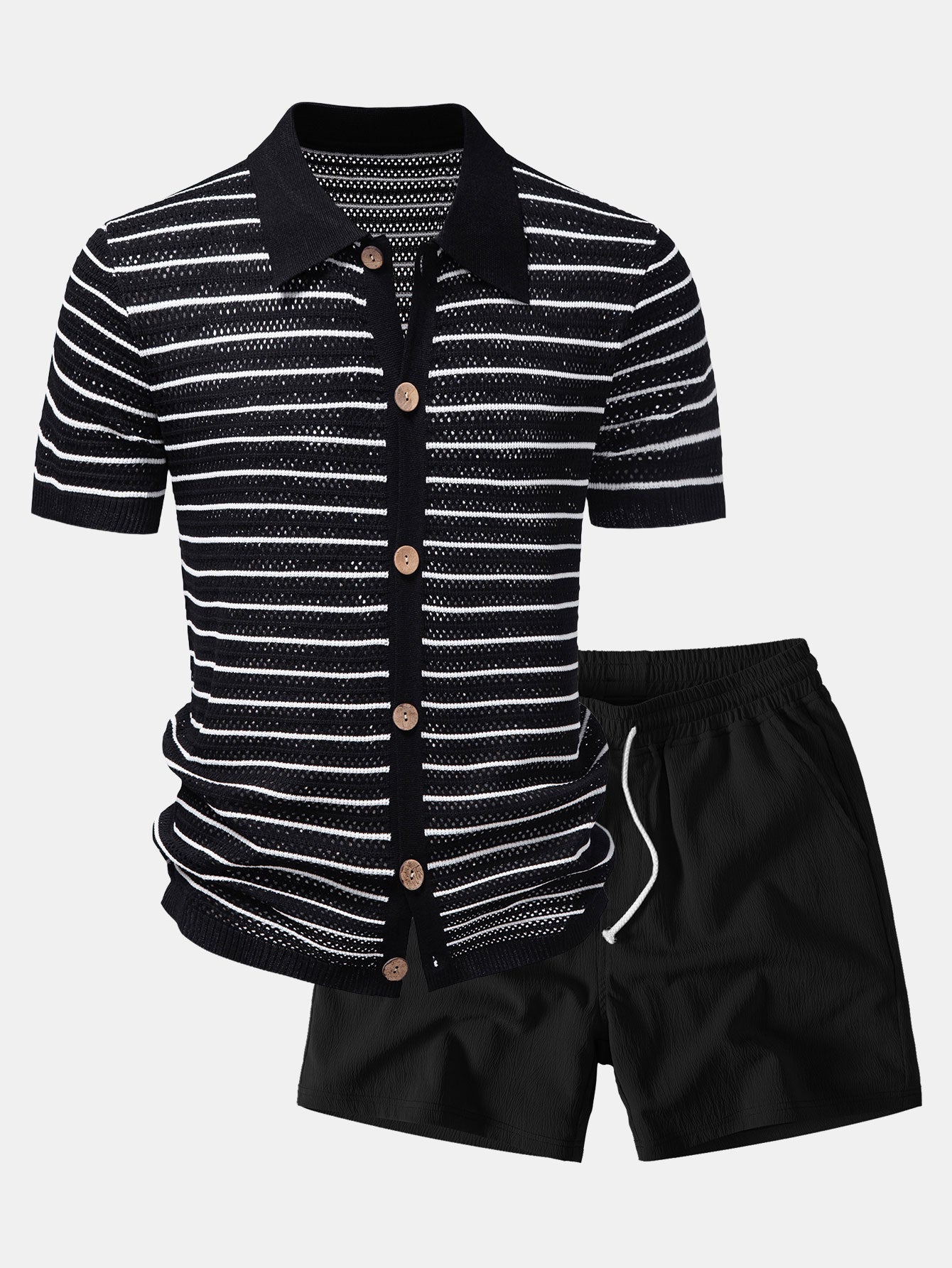 Streifen Offenes Strickshirt & Crinkle Texturierte Drawstring 5" Shorts