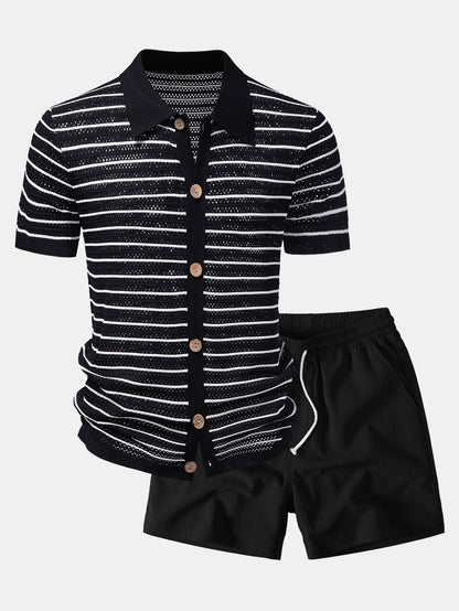 Streifen Offenes Strickshirt & Crinkle Texturierte Drawstring 5" Shorts