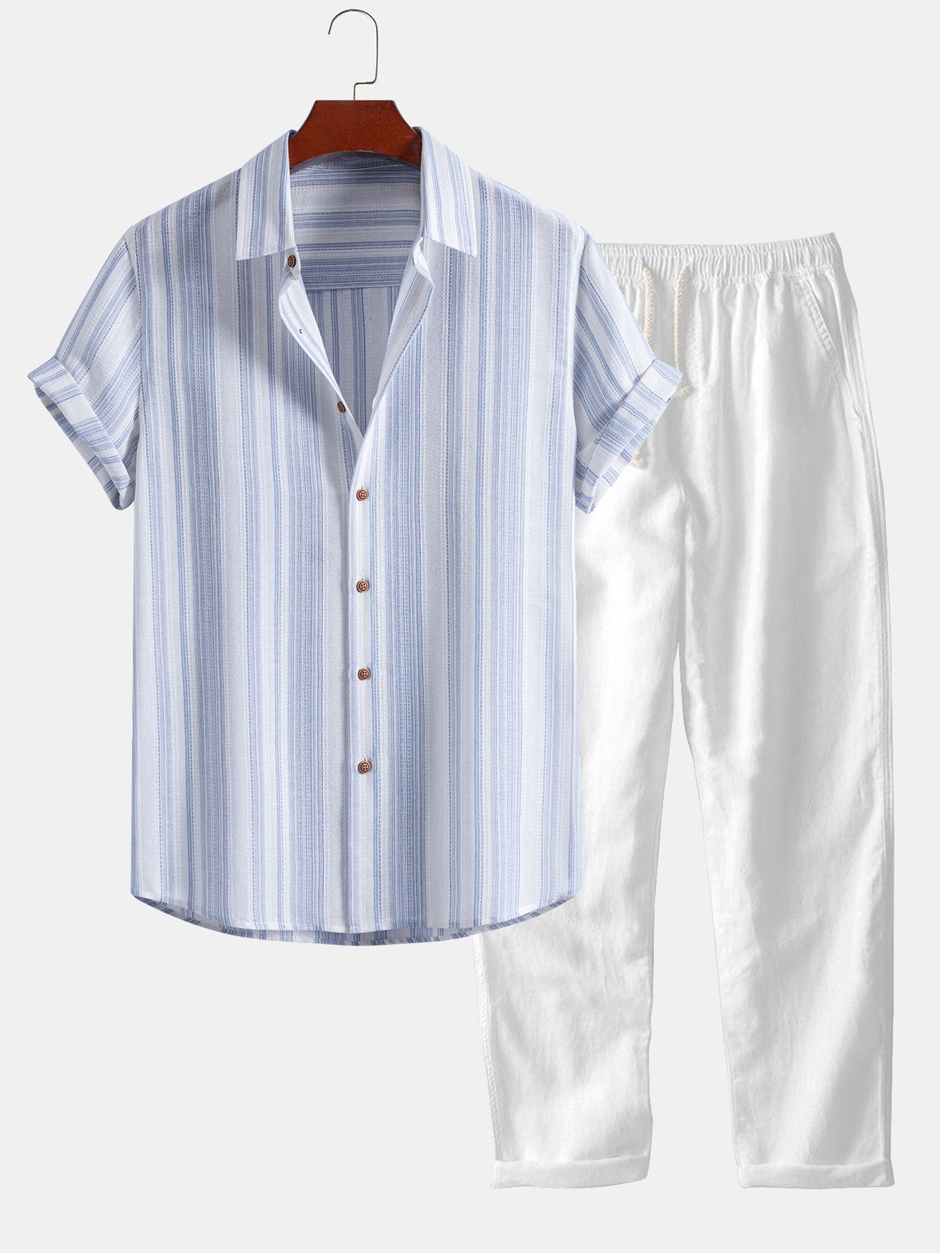 Gestreifte Leinenlook Hemd mit Knöpfen & gerade Leinenhose