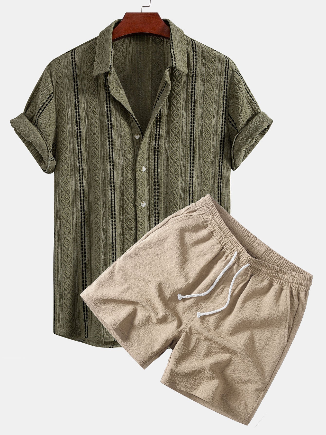 Geometrisch gestreifte Jacquard-Knopfhemd & crinkle-texturierte Shorts mit Kordelzug (5")