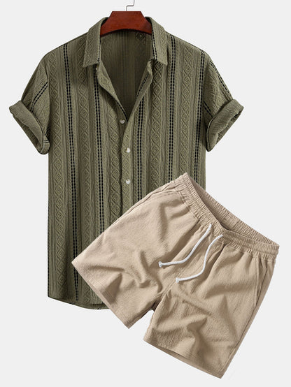 Geometrisch gestreifte Jacquard-Knopfhemd & crinkle-texturierte Shorts mit Kordelzug (5")
