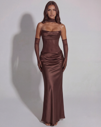 Satin langes Kleid mit drapiertem Ausschnitt