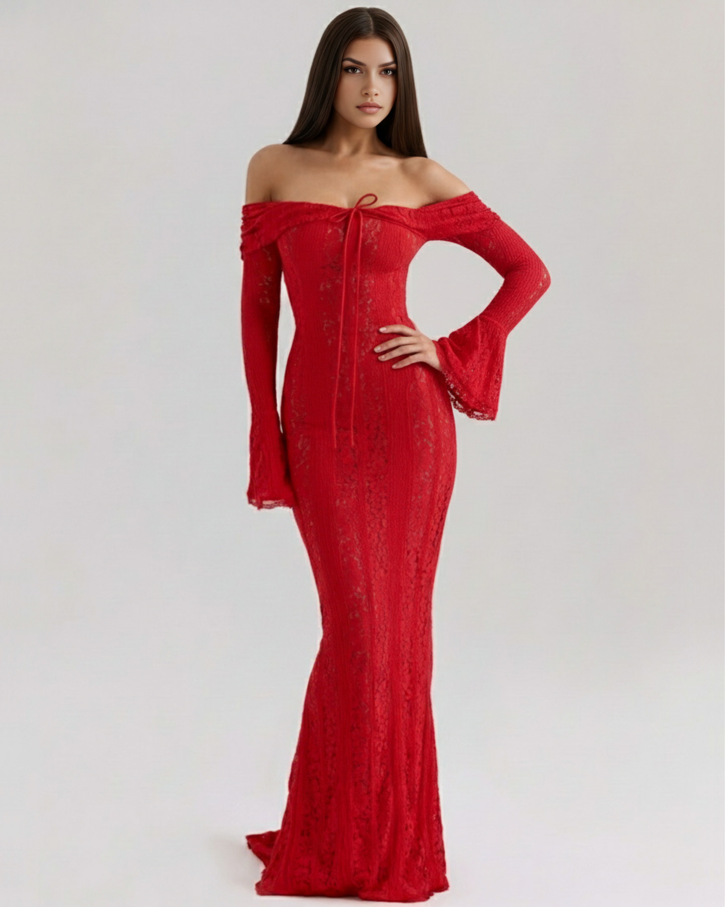 Langes Spitzenkleid mit Bardot-Ausschnitt