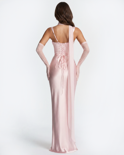 Satin langes Kleid mit quadratischem Ausschnitt