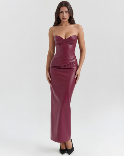 Langes Kleid im Lederlook mit schulterfreiem Ausschnitt