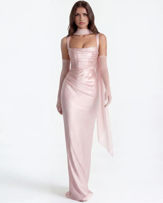 Satin langes Kleid mit quadratischem Ausschnitt