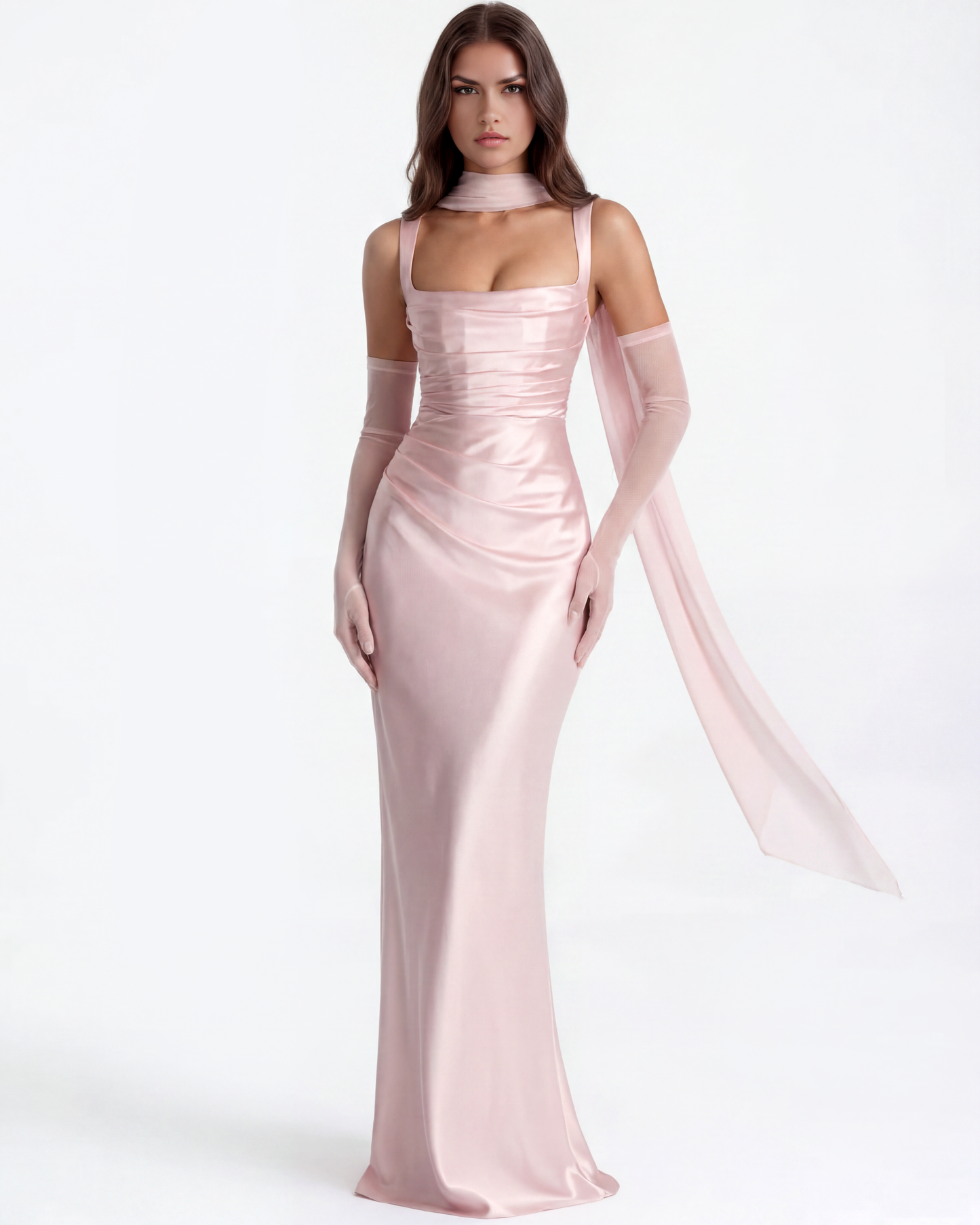 Satin langes Kleid mit quadratischem Ausschnitt