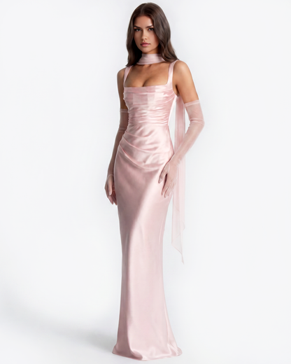 Satin langes Kleid mit quadratischem Ausschnitt