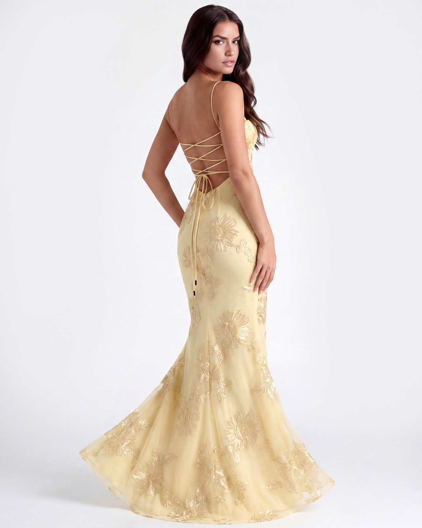 Langes Kleid mit besticktem Blumen-Corsett