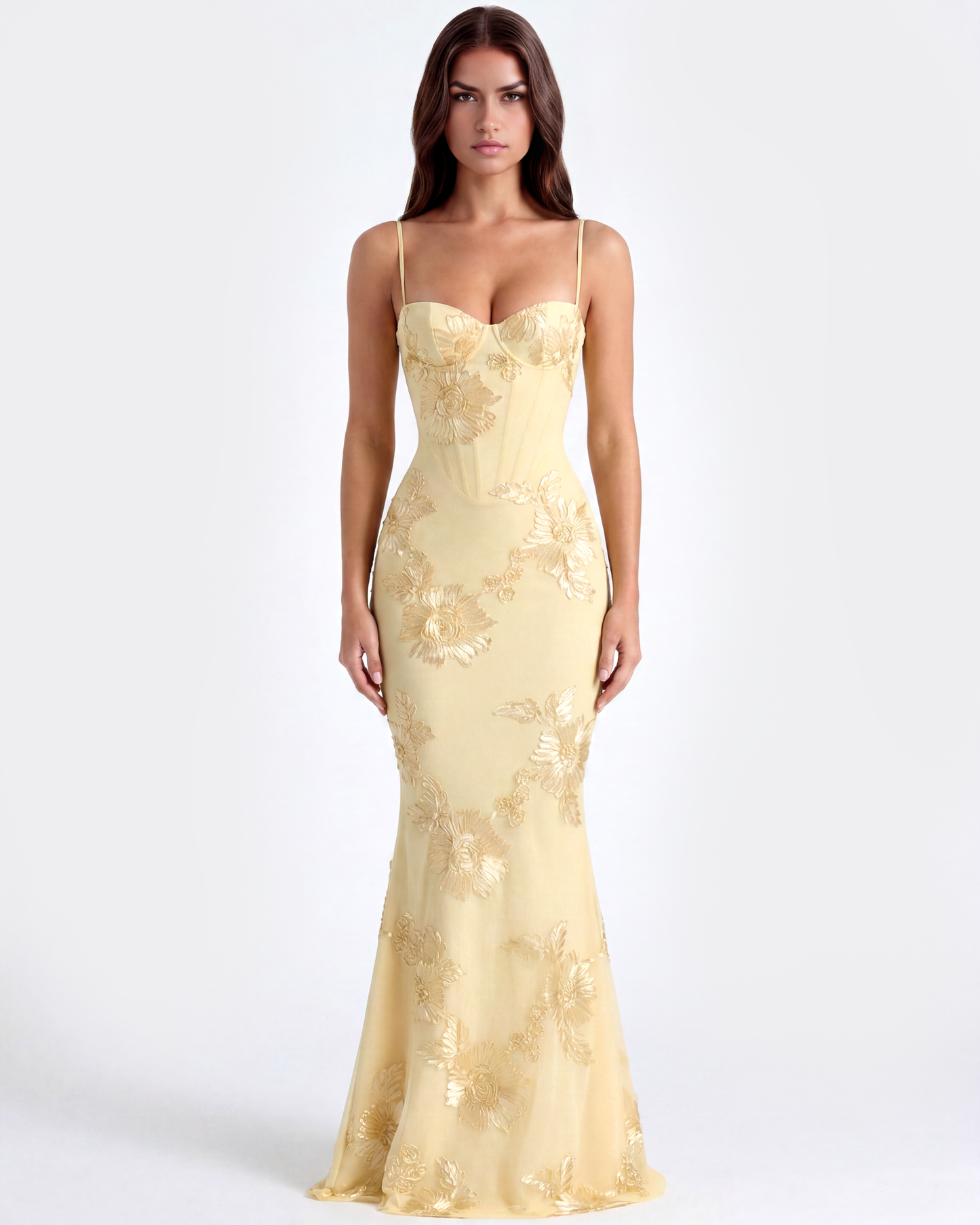 Langes Kleid mit besticktem Blumen-Corsett