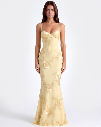 Langes Kleid mit besticktem Blumen-Corsett