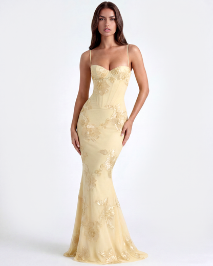 Langes Kleid mit besticktem Blumen-Corsett