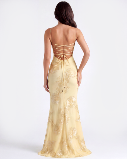 Langes Kleid mit besticktem Blumen-Corsett
