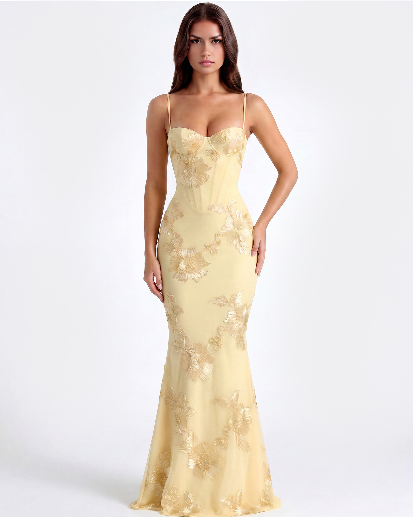 Langes Kleid mit besticktem Blumen-Corsett
