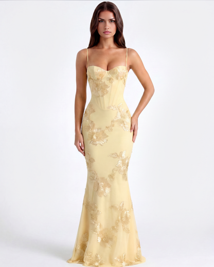 Langes Kleid mit besticktem Blumen-Corsett