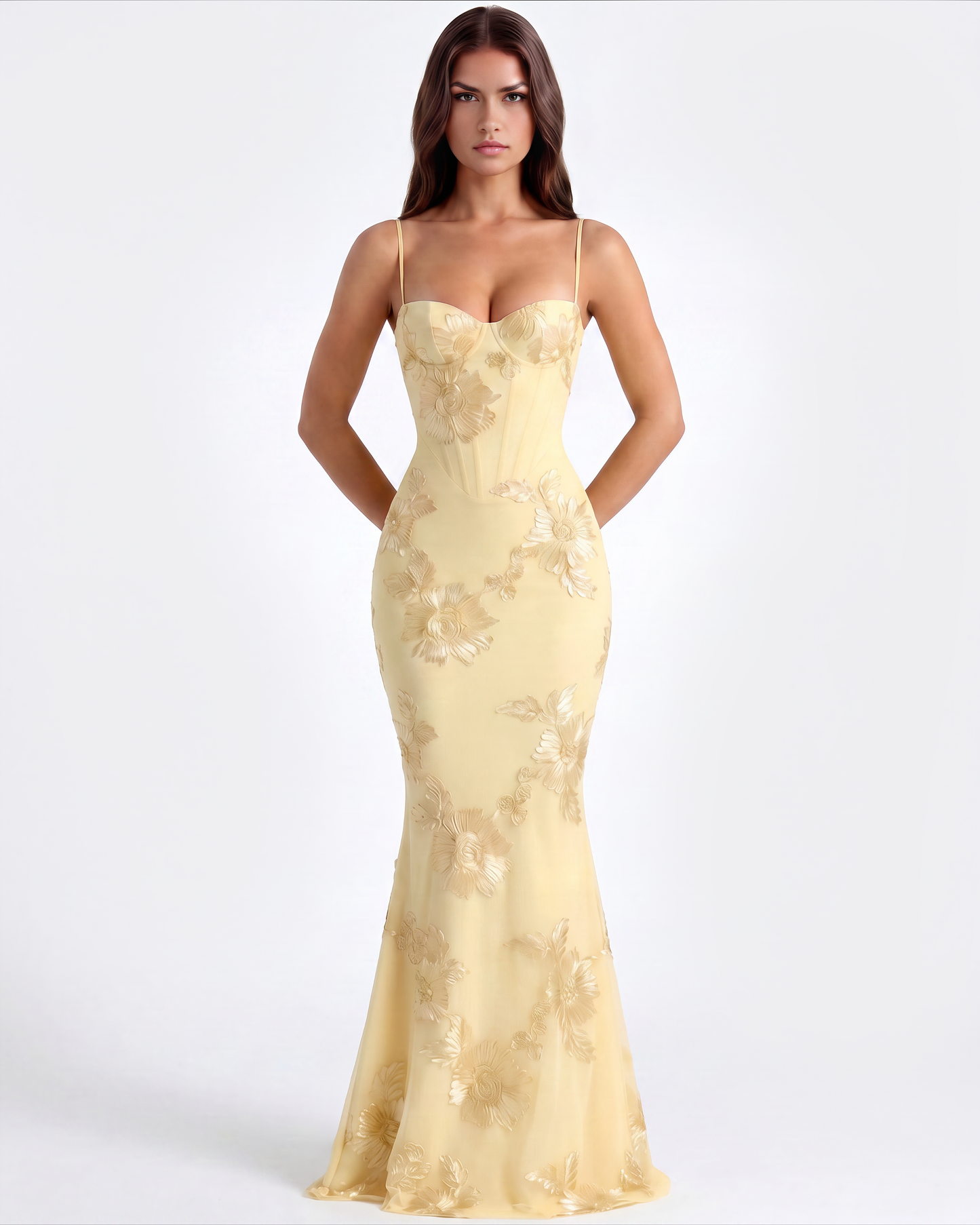 Langes Kleid mit besticktem Blumen-Corsett