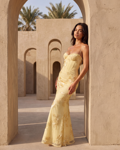 Langes Kleid mit besticktem Blumen-Corsett