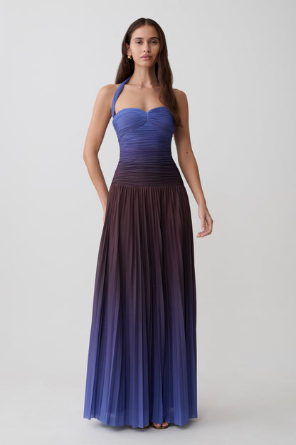 Azizi Plissiertes Halter Midi-Kleid - Schokoladen- und Blauschimmerdruck