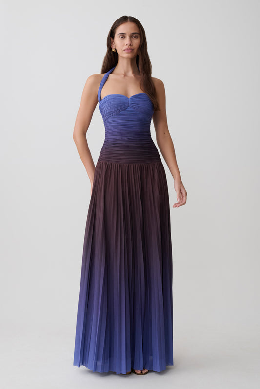 Azizi Plissiertes Halter Midi-Kleid - Schokoladen- und Blauschimmerdruck